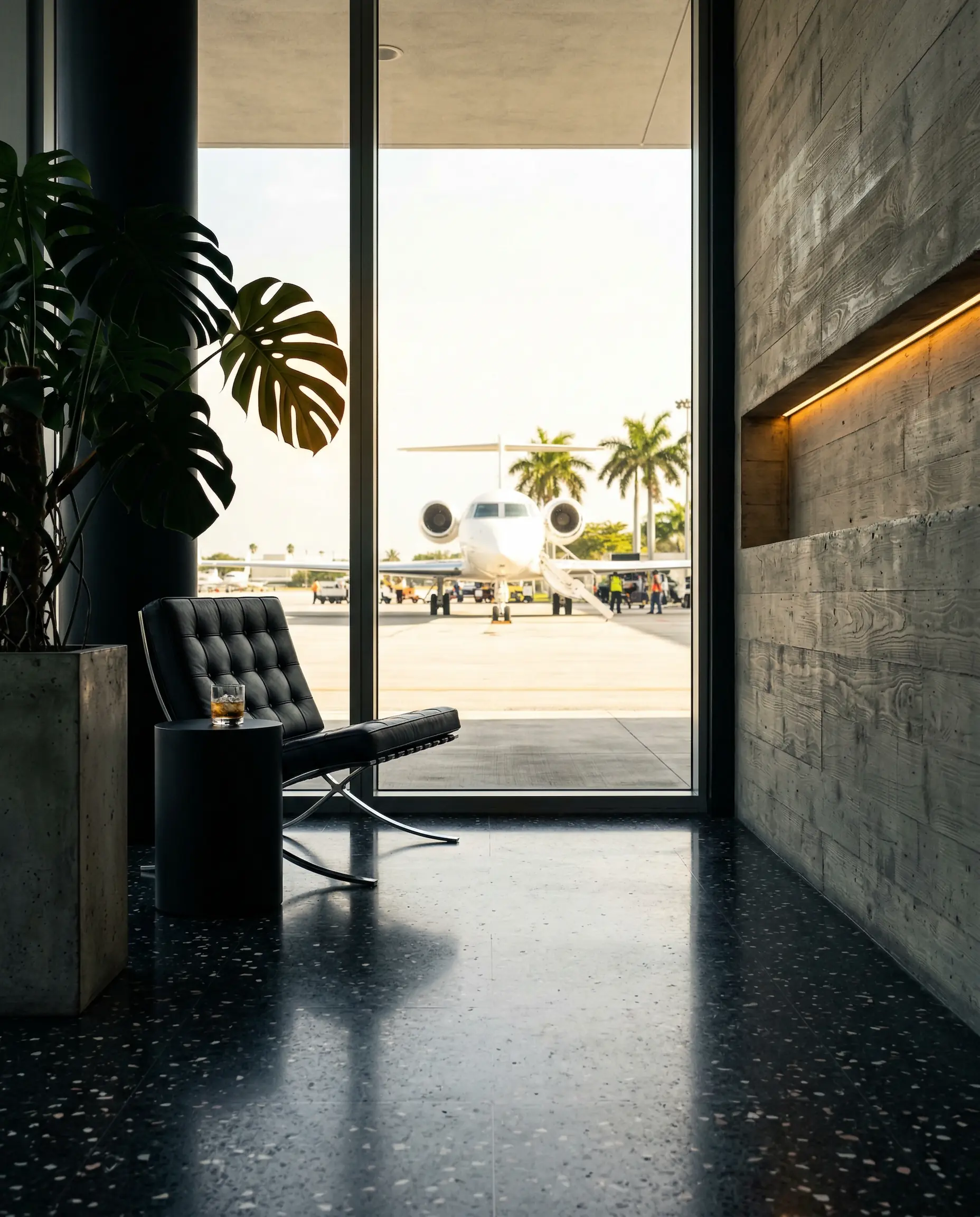 Private jet on ramp at Miami Opa-Locka airport with palm trees